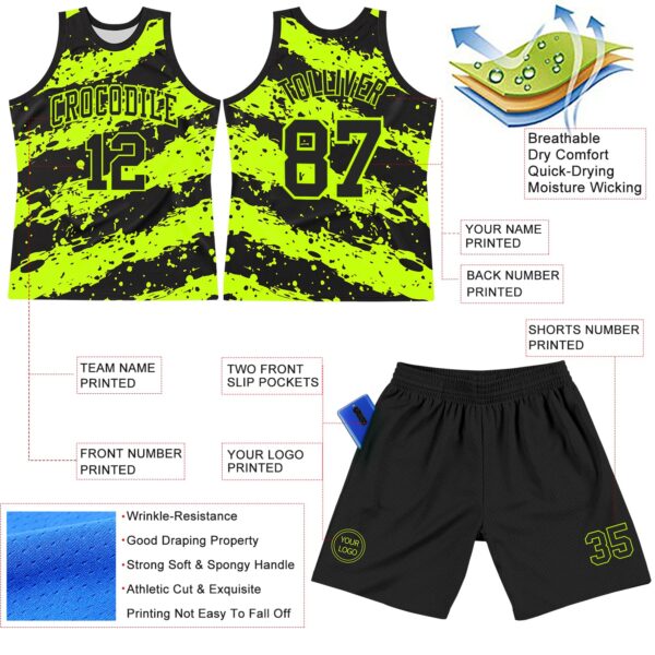 Custom Black Neon Green Splash Round Neck Sublimation Basketball Suit Jersey