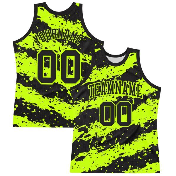 Custom Black Neon Green Splash Round Neck Sublimation Basketball Suit Jersey