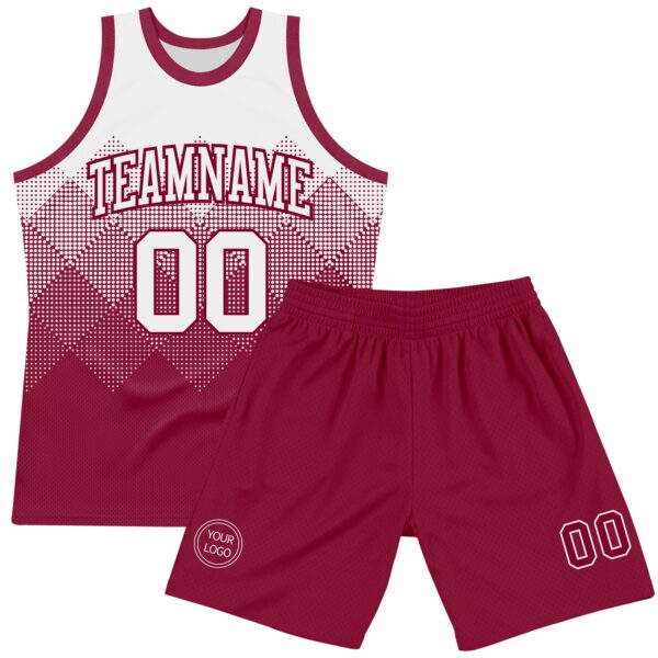 Custom White Maroon Gradient Square Shapes Round Neck Sublimation Basketball Suit Jersey