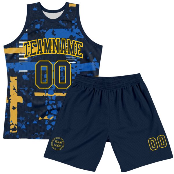 Custom Navy Yellow Abstract Shape Fragment Art Round Neck Sublimation Basketball Suit Jersey