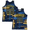 Custom Navy Yellow Abstract Shape Fragment Art Round Neck Sublimation Basketball Suit Jersey