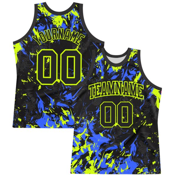 Custom Black Neon Green-Royal Splash Round Neck Sublimation Basketball Suit Jersey