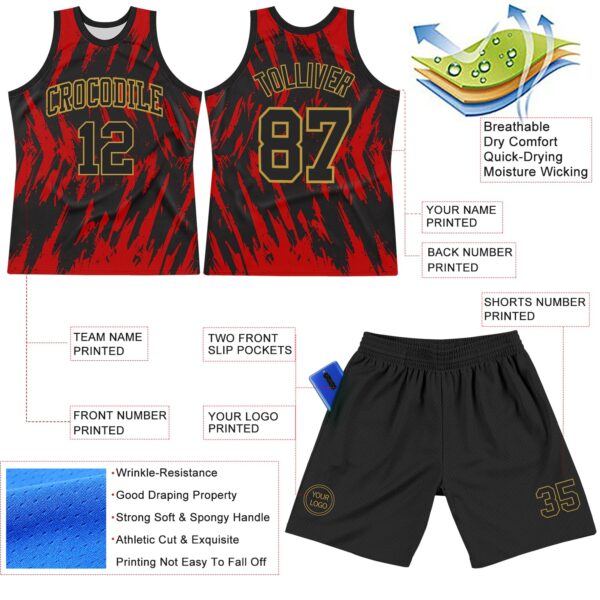 Custom Black Red-Old Gold Splash Round Neck Sublimation Basketball Suit Jersey