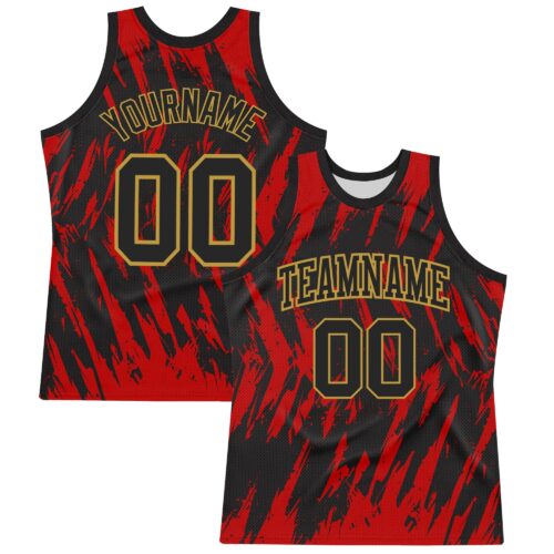 BSuit0307 Custom Black Red-Old Gold Splash Round Neck Sublimation Basketball Suit Jersey