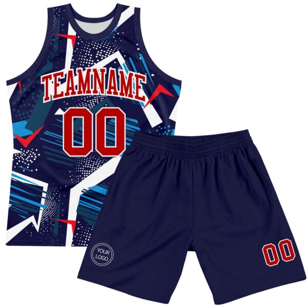Custom Navy Red-White Geometric Shape Round Neck Sublimation Basketball Suit Jersey
