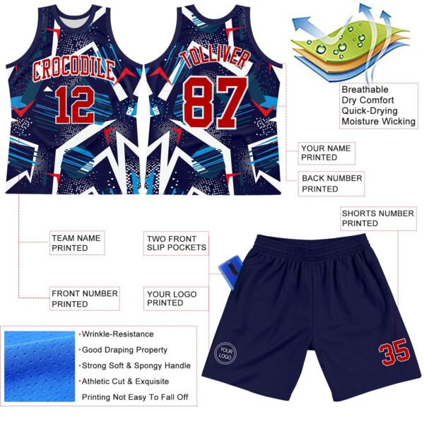 Custom Navy Red-White Geometric Shape Round Neck Sublimation Basketball Suit Jersey