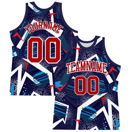 Custom Navy Red-White Geometric Shape Round Neck Sublimation Basketball Suit Jersey