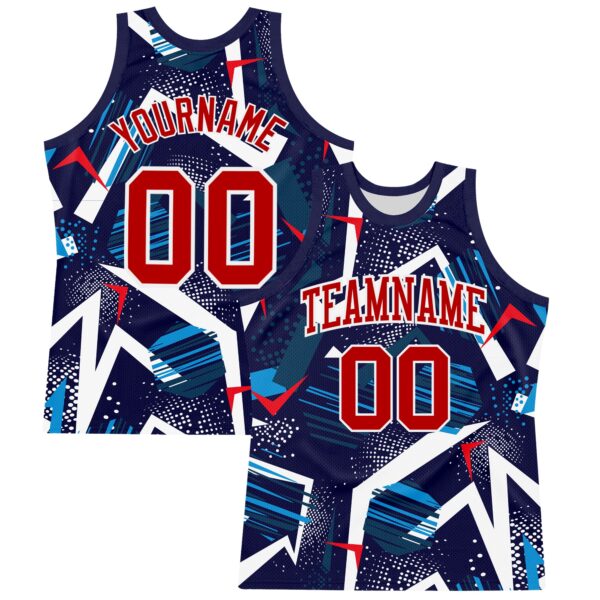 Custom Navy Red-White Geometric Shape Round Neck Sublimation Basketball Suit Jersey