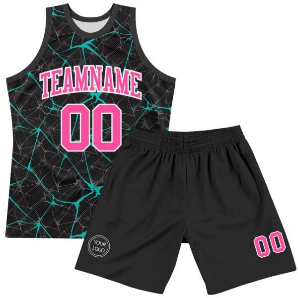 Custom Black Pink Aqua-White Abstract Network Round Neck Sublimation Basketball Suit Jersey