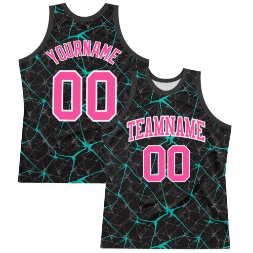 Custom Black Pink Aqua-White Abstract Network Round Neck Sublimation Basketball Suit Jersey
