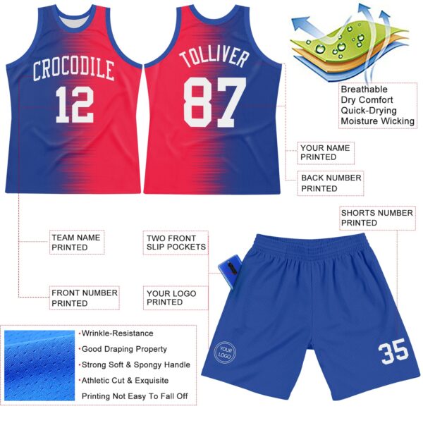 Custom Red White-Royal Gradient Line Round Neck Sublimation Basketball Suit Jersey