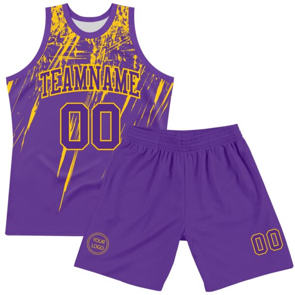Custom Purple Yellow Splash Round Neck Sublimation Basketball Suit Jersey