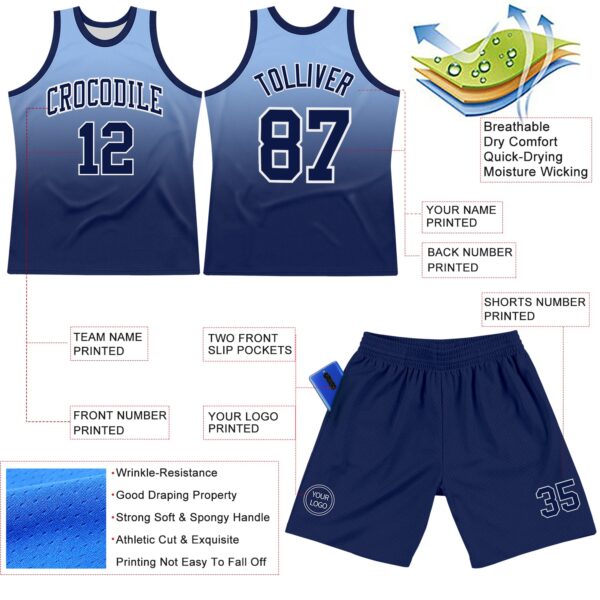 Custom Light Blue Navy-White Fade Fashion Round Neck Sublimation Basketball Suit Jersey