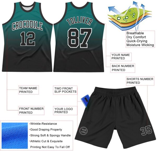 Custom Teal Black-White Fade Fashion Round Neck Sublimation Basketball Suit Jersey