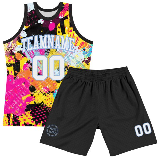 Custom Graffiti Pattern White-Light Blue Splash Round Neck Sublimation Basketball Suit Jersey