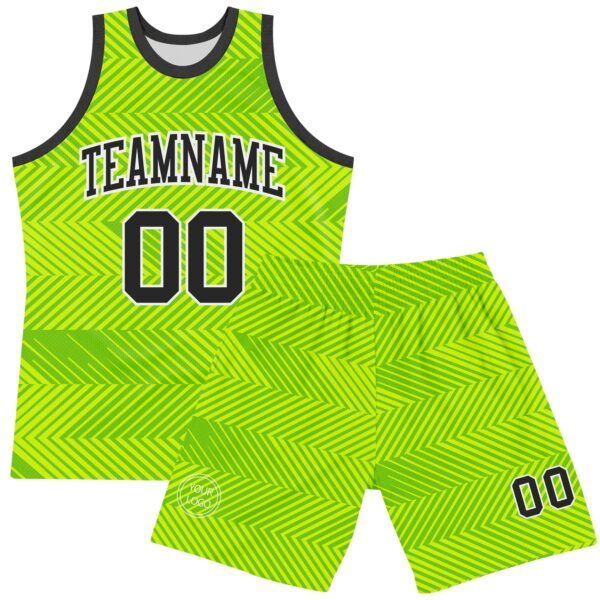 Custom Neon Green Black-White Line Round Neck Sublimation Basketball Suit Jersey