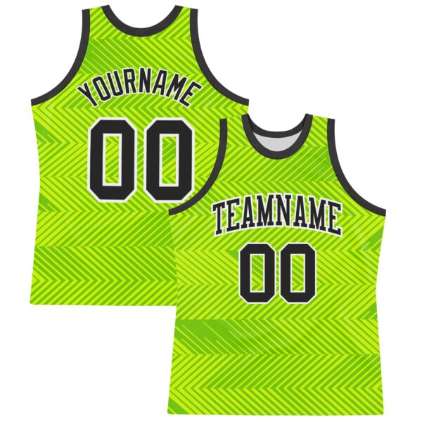 Custom Neon Green Black-White Line Round Neck Sublimation Basketball Suit Jersey