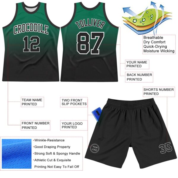 Custom Kelly Green Black-White Fade Fashion Round Neck Sublimation Basketball Suit Jersey