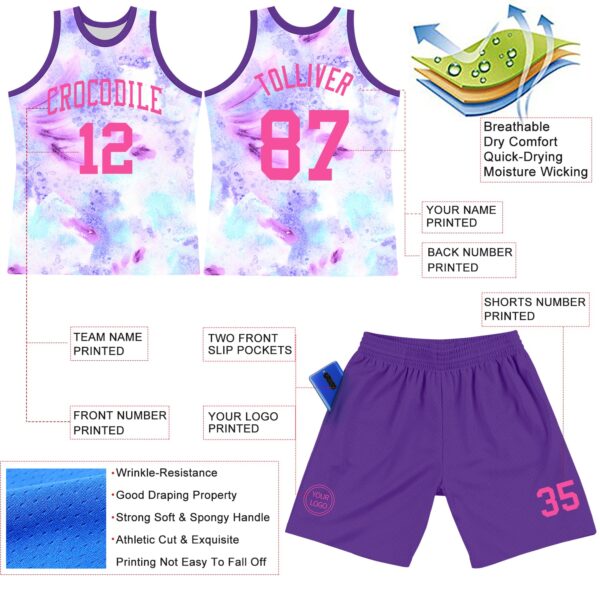 Custom Tie Dye Pink-Purple Round Neck Sublimation Basketball Suit Jersey