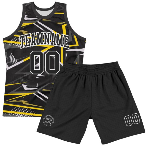 Custom Black Gold-White Line Round Neck Sublimation Basketball Suit Jersey