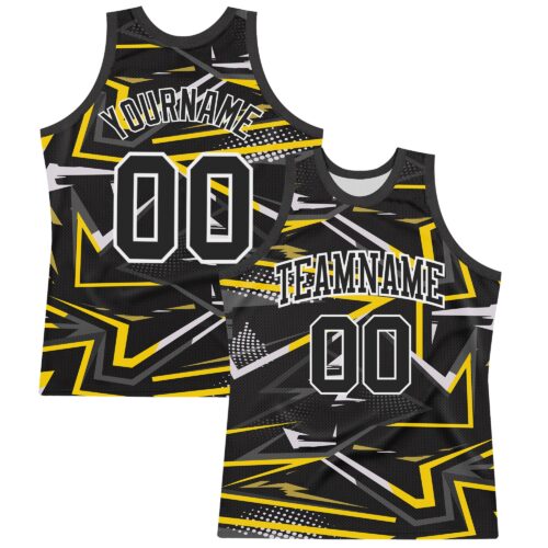 Custom Black Gold-White Line Round Neck Sublimation Basketball Suit Jersey