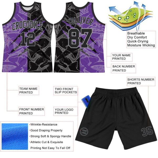 Custom Graffiti Pattern Black Purple-Gray Scratch Round Neck Sublimation Basketball Suit Jersey