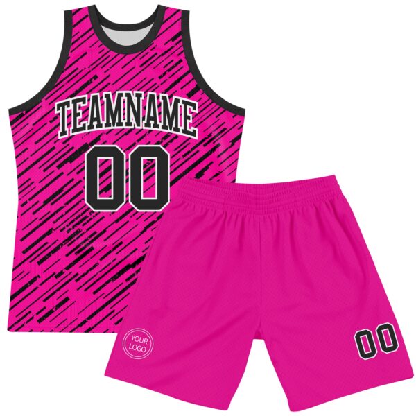 Custom Pink Black-White Line Round Neck Sublimation Basketball Suit Jersey