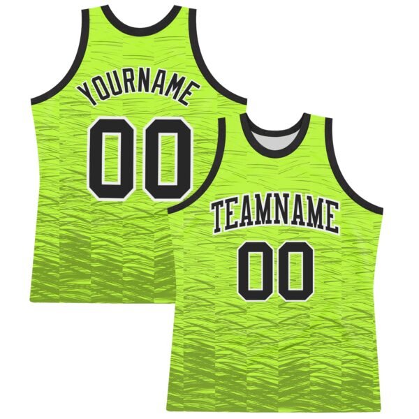Custom Neon Green Black-White Line Round Neck Sublimation Basketball Suit Jersey