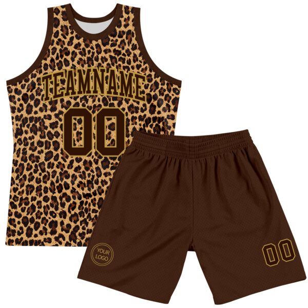Custom Brown Old Gold Leopard Print Round Neck Sublimation Basketball Suit Jersey