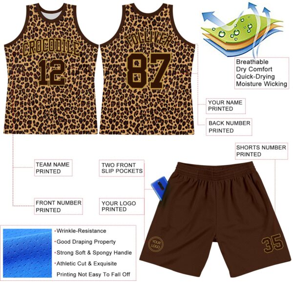 Custom Brown Old Gold Leopard Print Round Neck Sublimation Basketball Suit Jersey
