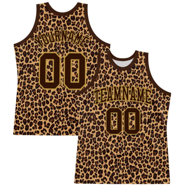 Custom Brown Old Gold Leopard Print Round Neck Sublimation Basketball Suit Jersey