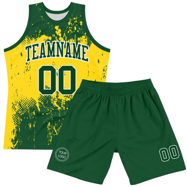 Custom Green Yellow-White Abstract Splatter Grunge Art Round Neck Sublimation Basketball Suit Jersey