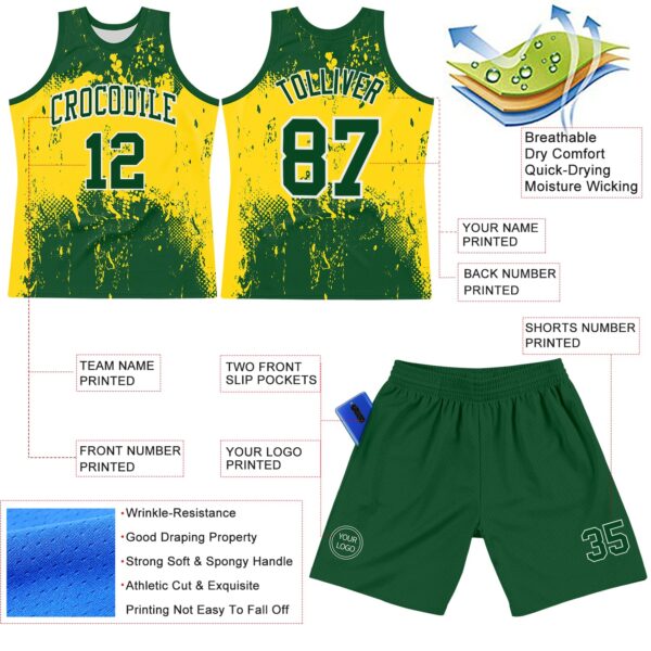 Custom Green Yellow-White Abstract Splatter Grunge Art Round Neck Sublimation Basketball Suit Jersey