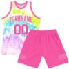 Custom Tie Dye Pink-White Round Neck Sublimation Basketball Suit Jersey