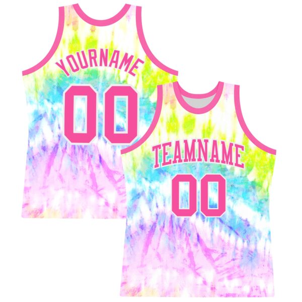 Custom Tie Dye Pink-White Round Neck Sublimation Basketball Suit Jersey