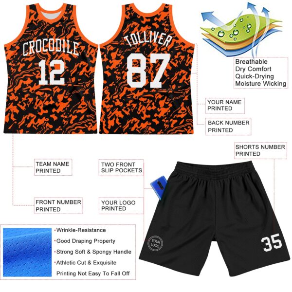 Custom Black White-Orange Fluid Art Round Neck Sublimation Basketball Suit Jersey