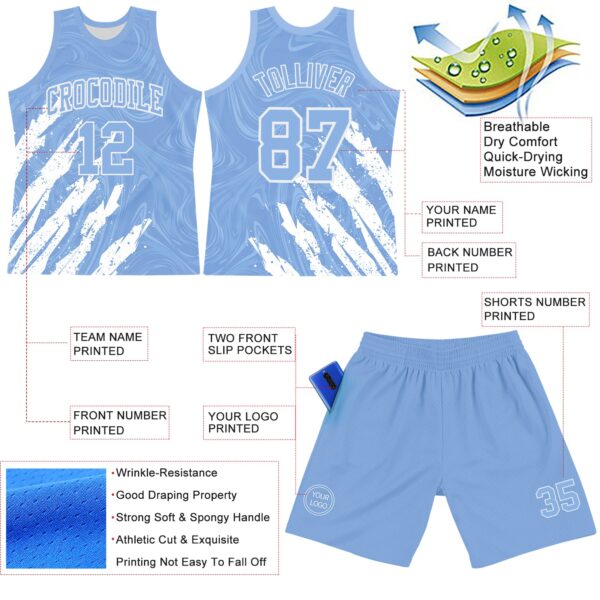 Custom Light Blue White Splash Round Neck Sublimation Basketball Suit Jersey