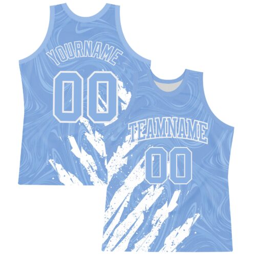 BSuit0342 Custom Light Blue White Splash Round Neck Sublimation Basketball Suit Jersey