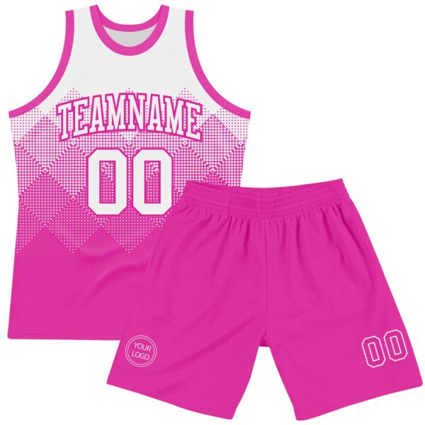 Custom White Deep Pink Gradient Square Shapes Round Neck Sublimation Basketball Suit Jersey