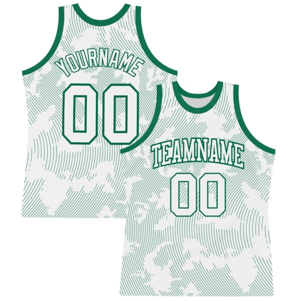 Custom White Kelly Green Curve Lines Round Neck Sublimation Basketball Suit Jersey