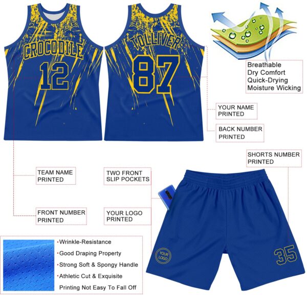 Custom Royal Yellow Splash Round Neck Sublimation Basketball Suit Jersey