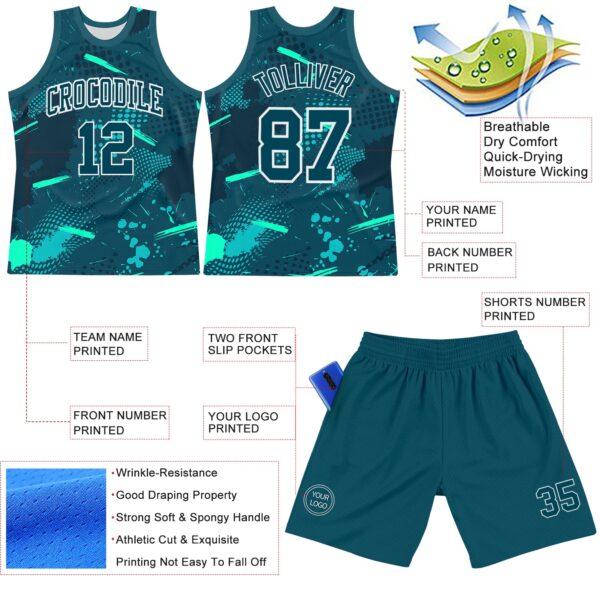 Custom Green Aqua-White Splash Round Neck Sublimation Basketball Suit Jersey