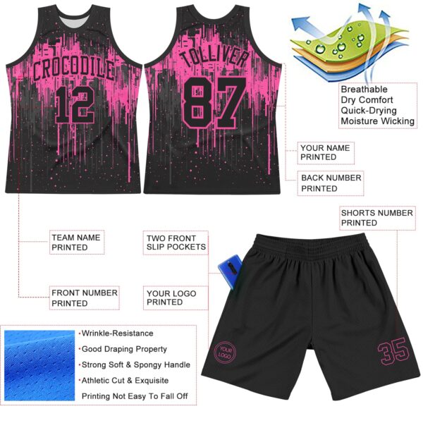 Custom Black Pink Dripping Splatter Art Round Neck Sublimation Basketball Suit Jersey