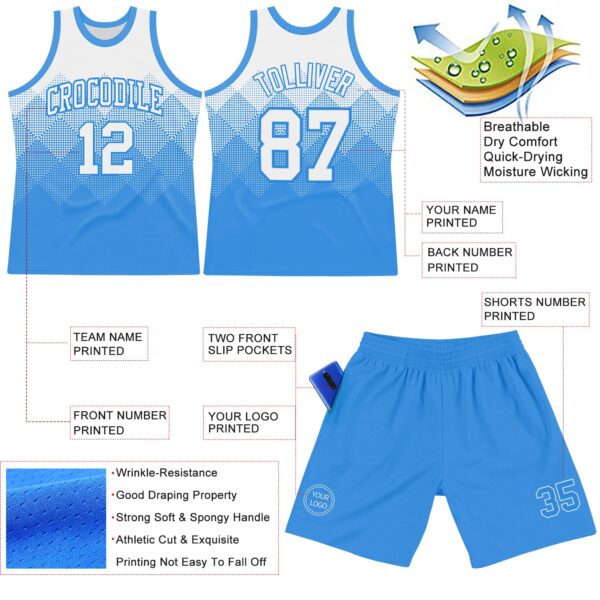 Custom White Powder Blue Gradient Square Shapes Round Neck Sublimation Basketball Suit Jersey