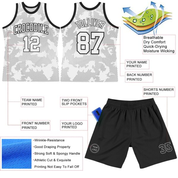 Custom White Black Curve Lines Round Neck Sublimation Basketball Suit Jersey
