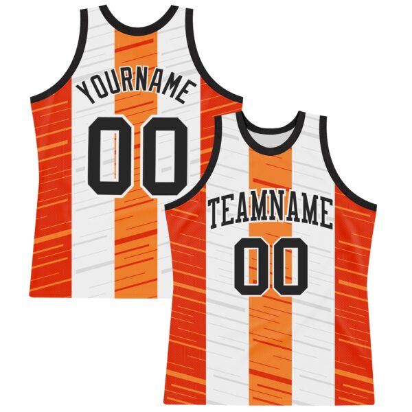Custom White Black-Orange Line Round Neck Sublimation Basketball Suit Jersey