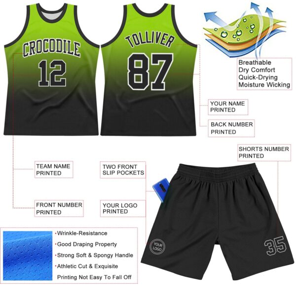 Custom Neon Green Black-White Fade Fashion Round Neck Sublimation Basketball Suit Jersey