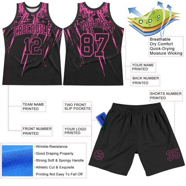 Custom Black Pink Splash Round Neck Sublimation Basketball Suit Jersey
