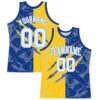 Custom Graffiti Pattern White Royal Yellow-Light Blue Scratch Round Neck Sublimation Basketball Suit Jersey