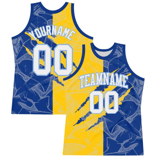 Custom Graffiti Pattern White Royal Yellow-Light Blue Scratch Round Neck Sublimation Basketball Suit Jersey